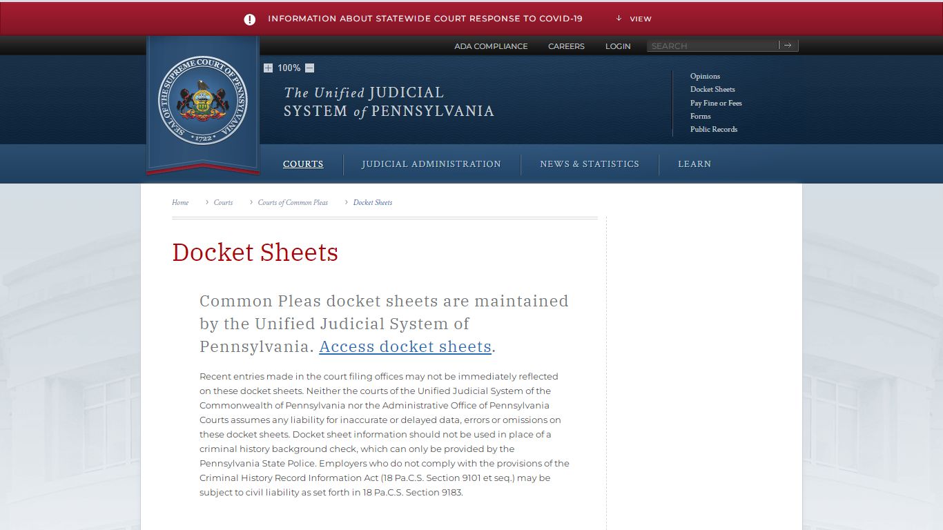 Docket Sheets - Unified Judicial System of Pennsylvania